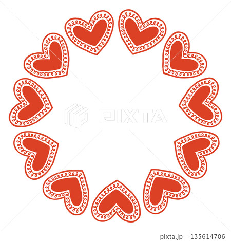 Whimsical vector illustration of a circular frame made of decorative folk style hearts. Cute hand drawn doodle design in red and white, perfect for Valentines Day cards, invitations, posters. 135614706