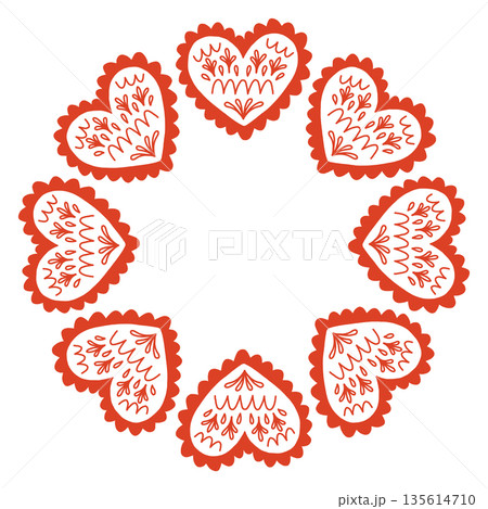 Whimsical vector illustration of a circular frame made of decorative folk style hearts. Cute hand drawn doodle design in red and white, perfect for Valentines Day cards, invitations, posters. 135614710