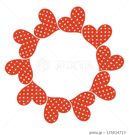 Whimsical vector illustration of a circular frame made of decorative folk style hearts. Cute hand drawn doodle design in red and white, perfect for Valentines Day cards, invitations, posters. 135614713