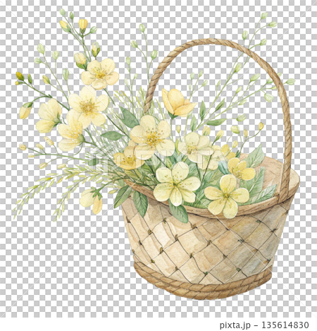 Watercolor illustration of a rustic woven straw basket flower 135614830