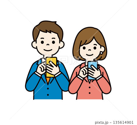 スマホで調べる・探す・検索する、若い男女のビジネスパーソンのベクターイラスト素材セット 135614901
