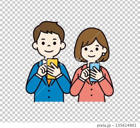 スマホで調べる・探す・検索する、若い男女のビジネスパーソンのベクターイラスト素材セット 135614901