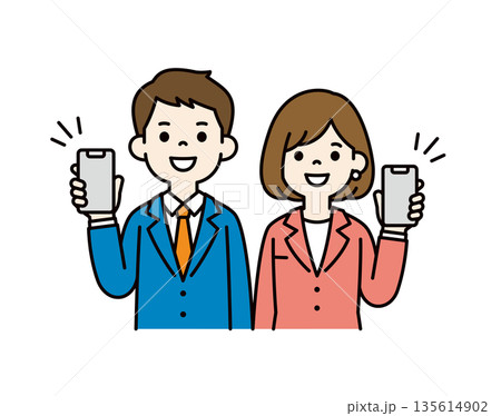 スマホ画面を見せて案内・紹介する、若い男女のビジネスパーソンのベクターイラスト素材セット スマホ画面を見せて案内・紹介する、若い男女のビジネスパーソンのベクターイラスト素材セット 135614902