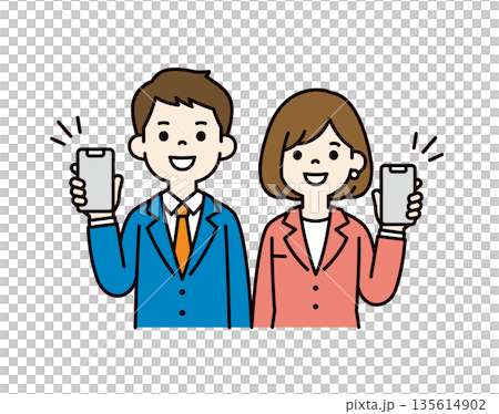 一組向量插圖素材，描繪了年輕的男女商務人士展示和介紹智慧型手機螢幕。 135614902