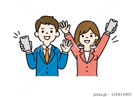 スマートフォンを手に喜ぶ、若い男女の会社員・ビジネスパーソンのベクターイラスト素材セット 135614905