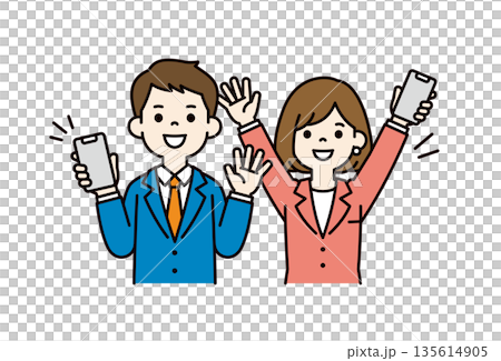 スマートフォンを手に喜ぶ、若い男女の会社員・ビジネスパーソンのベクターイラスト素材セット 135614905