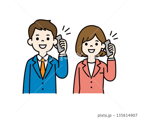 スマートフォンで話す・通話する、若い男女のビジネスパーソンのベクターイラスト素材セット スマートフォンで話す・通話する、若い男女のビジネスパーソンのベクターイラスト素材セット 135614907