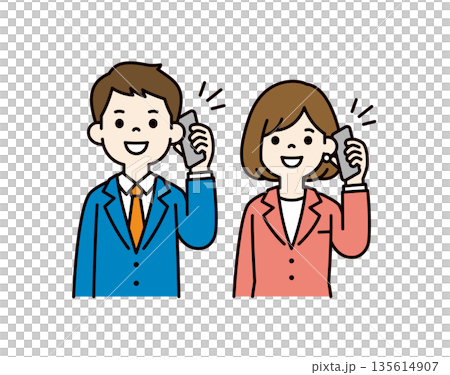 スマートフォンで話す・通話する、若い男女のビジネスパーソンのベクターイラスト素材セット スマートフォンで話す・通話する、若い男女のビジネスパーソンのベクターイラスト素材セット 135614907