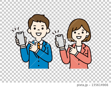 Vector illustration material set of young male and female business people pointing at smartphone screens to teach and introduce 135614908