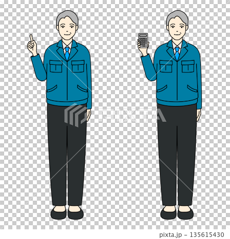 指差しと電卓を持つシャツに作業服のシニア男性 135615430