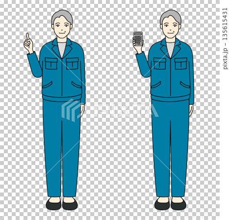 圖：一位身穿工作服的老者指著並拿著計算器 135615431