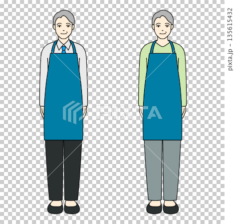 青いエプロンを着用した清潔感のあるシニア男性 135615432