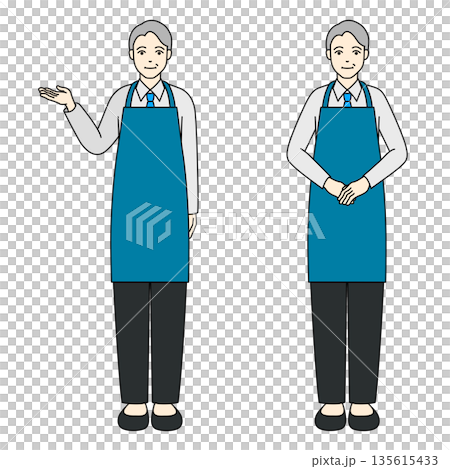 エプロン姿で案内とお辞儀をするシニア男性店員 135615433