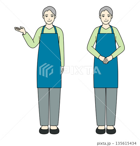 青いエプロン姿で案内とお辞儀をする笑顔のシニア男性 135615434