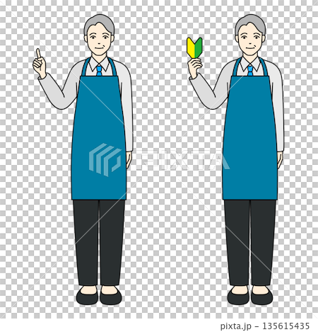 エプロンを着用し指差しと初心者マークを持つシニア男性 135615435