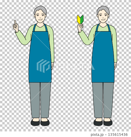 青いエプロン姿で指差しと初心者マークを掲げるシニア男性 青いエプロン姿で指差しと初心者マークを掲げるシニア男性 135615436