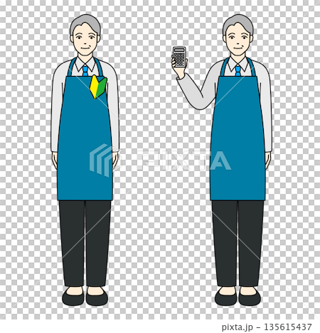 初心者マークを付け電卓を持って案内するエプロンのシニア男性 135615437