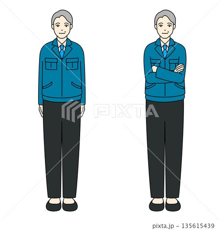 作業着姿で直立と腕組みをするシニア男性のイラスト 作業着姿で直立と腕組みをするシニア男性のイラスト 135615439
