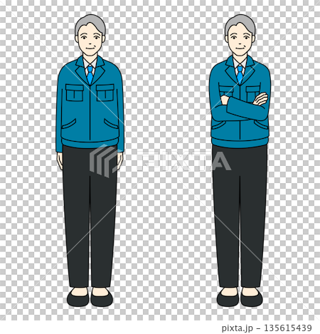 圖解：一位老年男子身穿工作服，雙手交叉站立。 135615439