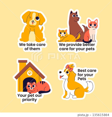 Pets Care Services Label Design In Flat Cartoon Hand Drawn Illustration Style Pets Care Services Label Design In Flat Cartoon Hand Drawn Illustration Style 135615864