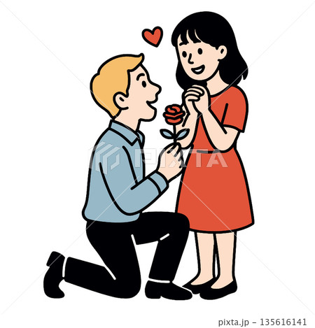 Man kneeling and giving red rose to woman in red dress, both smiling with heart above, expressing love and happiness in romantic gesture Man kneeling and giving red rose to woman in red dress, both smiling with heart above, expressing love and happiness in romantic gesture 135616141