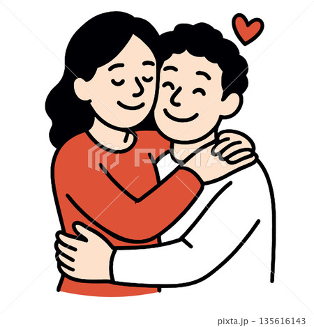 Happy couple embracing smiling with eyes closed expressing love and affection simple cartoon style red and white clothing heart symbol above romantic relationship joyful mood 135616143
