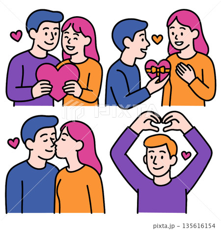 Couple holding heart, man giving gift, woman kissing man, man making heart gesture, all expressing love and happiness in colorful cartoon style illustration Couple holding heart, man giving gift, woman kissing man, man making heart gesture, all expressing love and happiness in colorful cartoon style illustration 135616154
