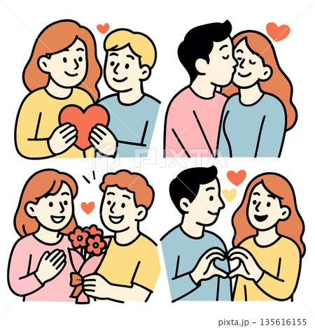 Couple love romance happiness heart flower relationship affection together smile cartoon illustration cheerful emotion dating gift friendship young man woman 135616155