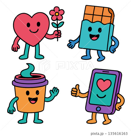 Cute cartoon heart holding flower, chocolate bar, coffee cup, and smartphone with happy faces, colorful and playful illustration, cheerful and friendly vibe 135616163