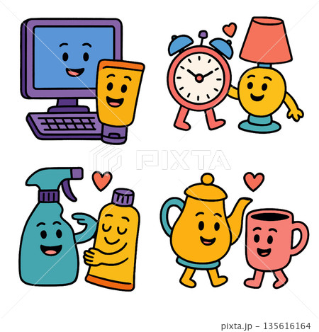 Happy cartoon objects including computer alarm clock lamp spray bottle tube teapot and mug with smiling faces and hearts expressing love and friendship in playful colorful style Happy cartoon objects including computer alarm clock lamp spray bottle tube teapot and mug with smiling faces and hearts expressing love and friendship in playful colorful style 135616164