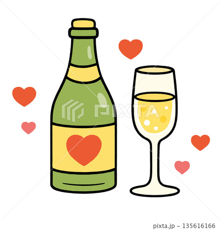 Champagne bottle wine glass red heart celebration romantic love festive drink 135616166