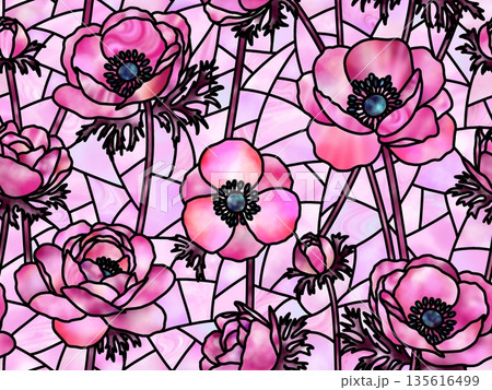 アネモネのステンドグラスのシームレスパターン B-1 アネモネのステンドグラスのシームレスパターン B-1 135616499