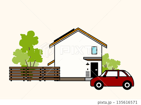 木製フェンスと赤い車のあるシンプルな一戸建て住宅の外観イラスト（ベクター） 135616571