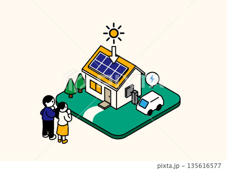 太陽光発電とV2Hを備えた高性能住宅を見学する夫婦のアイソメトリックイラスト 太陽光発電とV2Hを備えた高性能住宅を見学する夫婦のアイソメトリックイラスト 135616577