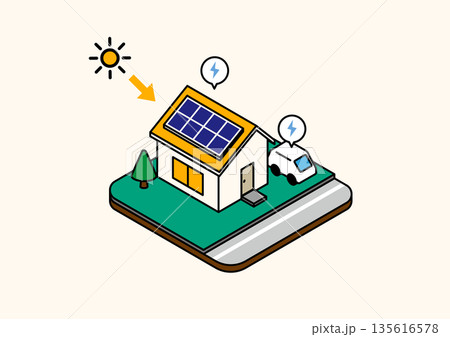 太陽光パネルと電気自動車のあるエコ住宅のアイソメトリックイラスト 135616578