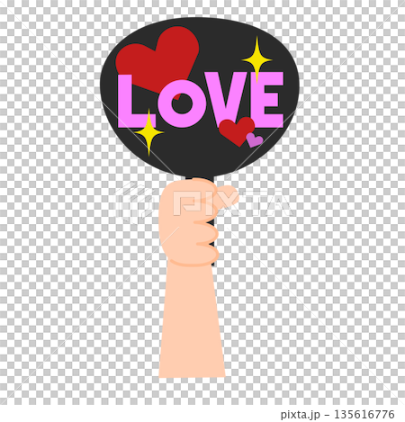 A cheering fan with the word "LOVE" written on it 135616776