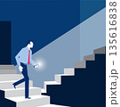 Searching a path. A man is walking up a staircase in the dark, using a flashlight to illuminate the path ahead. 135616838
