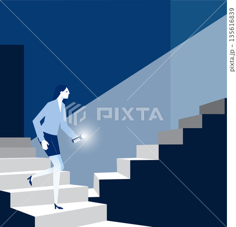 Searching a path. A woman is walking up a staircase in the dark, using a flashlight to illuminate the path ahead. 135616839