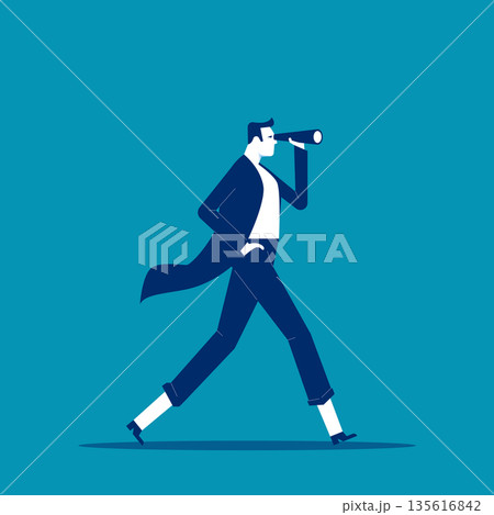 Businessman walking with spyglass tube. Business vector style Businessman walking with spyglass tube. Business vector style 135616842