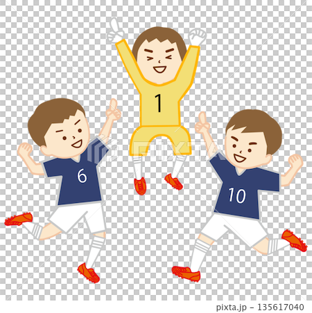 男孩們慶祝贏得足球比賽,並擺出冠軍姿勢。 男孩們慶祝贏得足球比賽,並擺出冠軍姿勢。 135617040