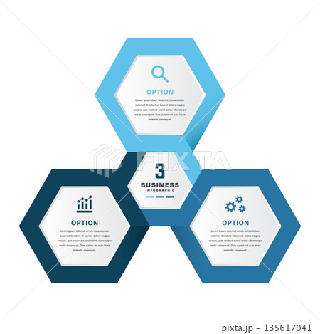 3 Step Business Infographic With Blue Gradient with Hexagon Icons for Presentation 135617041
