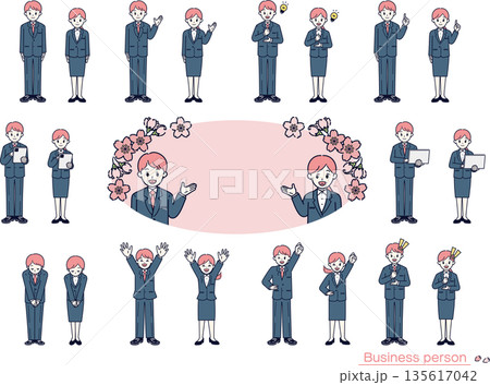新入社員・新人研修ポーズセット 桜の背景 男女 ビジネス 線画 ベクター 135617042