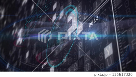 Floating circular HUD graphic pulsing on screen featuring streams or tiles or flares timeline 2006 o 135617320
