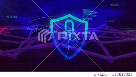 Displaying shield icon with padlock fingerprint securing network on screen, with neon code data Displaying shield icon with padlock fingerprint securing network on screen, with neon code data 135617328