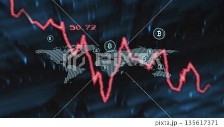 Displaying red jagged line graph over dotted world map on dashboard, with Bitcoin icons 50 Displaying red jagged line graph over dotted world map on dashboard, with Bitcoin icons 50 135617371