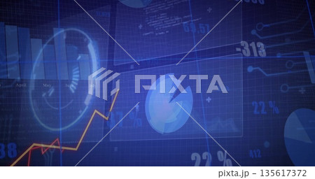Displaying digital dashboard showcasing blue pie chart with highlighted wedge and orange line graph Displaying digital dashboard showcasing blue pie chart with highlighted wedge and orange line graph 135617372