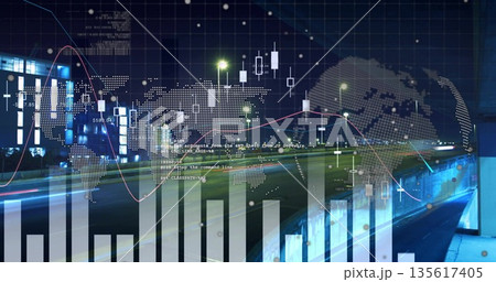 Overlaying financial charts, world map and code snippets onto nighttime street with light trails 135617405