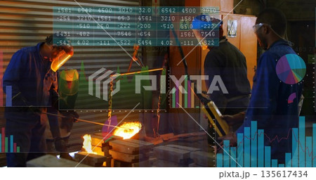 Senior metalworker pouring molten metal from crucible into molds in shop, data overlays 135617434