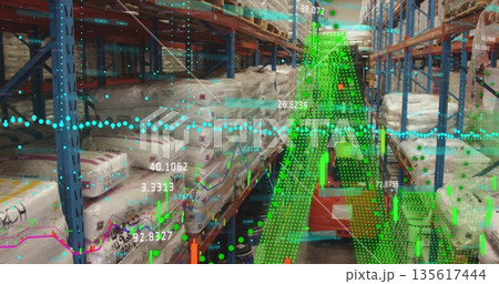 Red forklift navigating warehouse aisle, with blue orange racks holding sacks on pallets and data Red forklift navigating warehouse aisle, with blue orange racks holding sacks on pallets and data 135617444