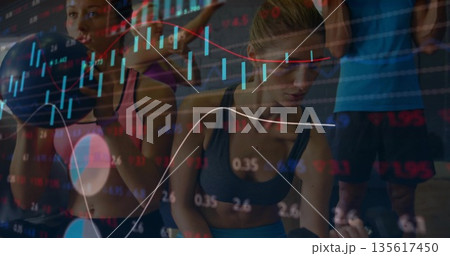 Three women wearing sports bras and leggings lifting dumbbells in gym, with financial chart overlay Three women wearing sports bras and leggings lifting dumbbells in gym, with financial chart overlay 135617450